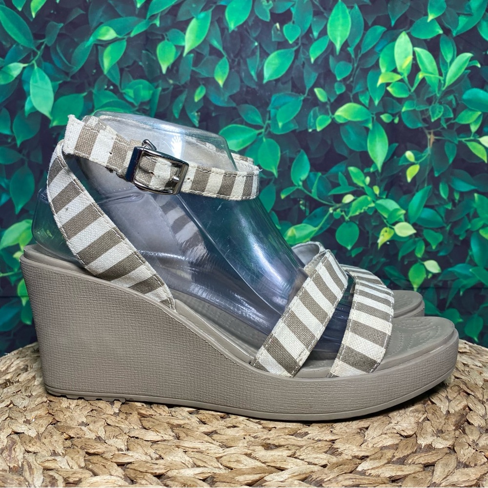 CROCS Striped Wedge Sandals - Beige and White